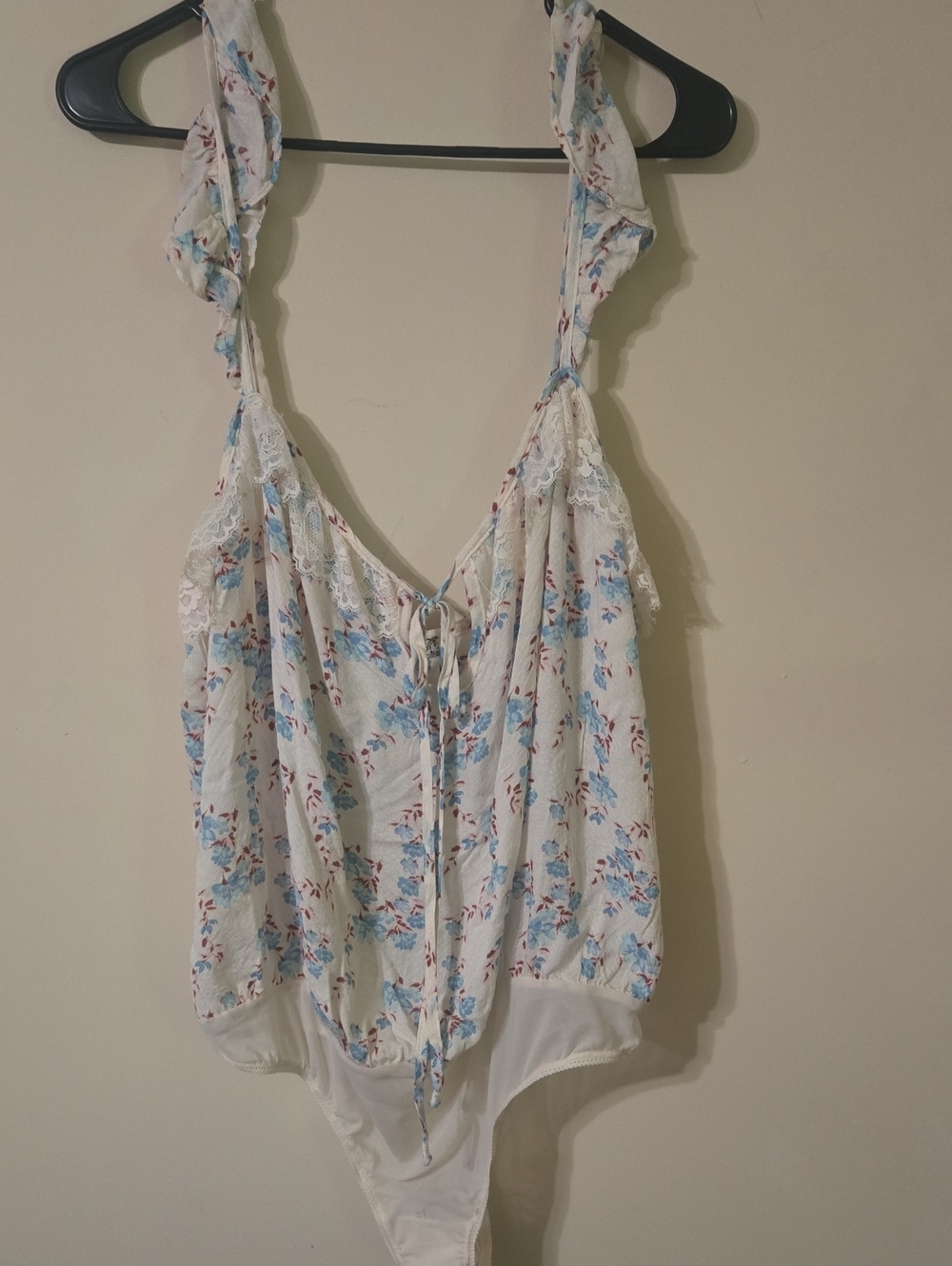 Free People Cream Floral Lace-Trim Bodysuit with Blue & Red Floral Print